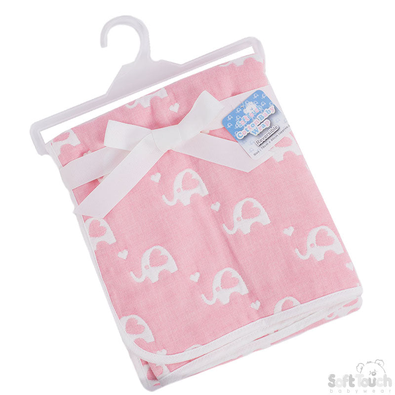 REVERSIBLE WHITE/PINK ELEPHANT COTTON WRAP - FBP218-P