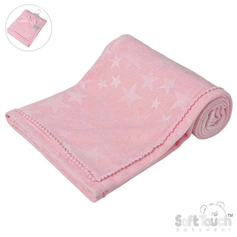 Baby Pink Star Embossed Mink Wrap W/Pom Pom Trim FBP230-BP
