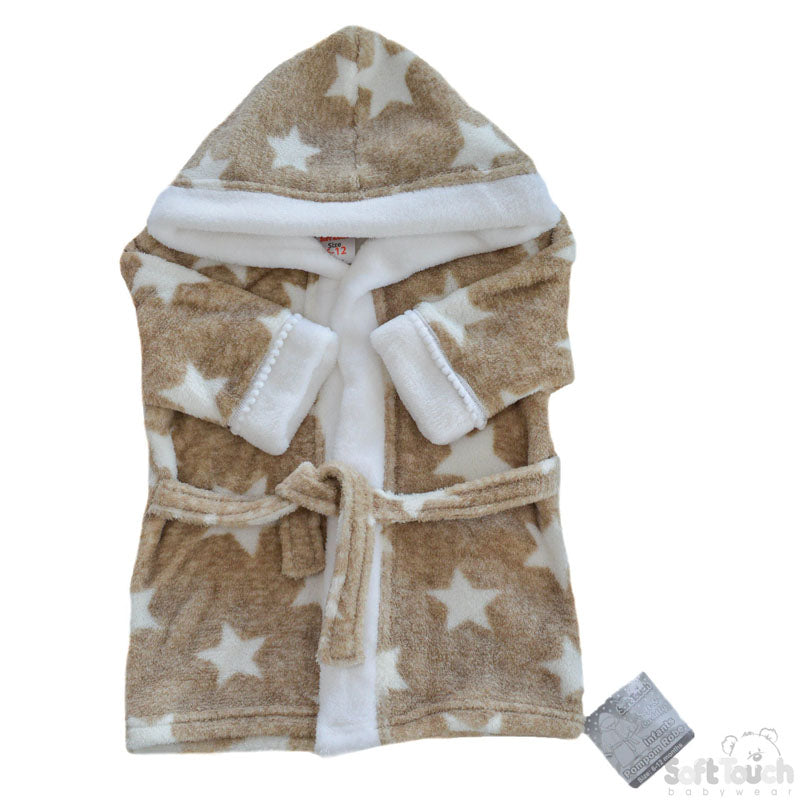 BROWN 'STAR' PRINTED CORAL HOODED ROBE WITH WHITE TRIM-4FBR40-BRP