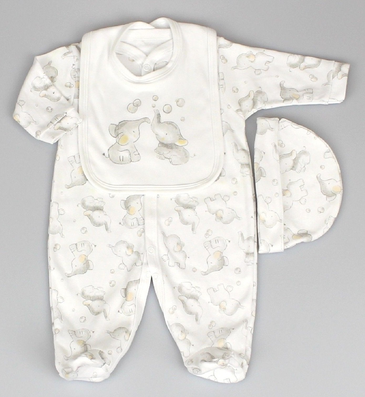 BABY UNISEX ELEPHANTS 3 PIECE ALL IN ONE, BIB & HAT SET (0-9 MONTHS) J1759 - Kidswholesale.co.uk