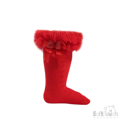 SPOTTY TUTU LACE KNEE SOCKS WITH SPOTTY BOW (NB-18 MONTHS) GS218-R