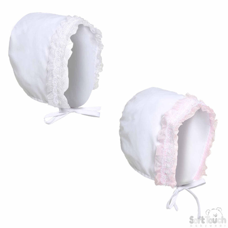 Bonnet Hat W/Pink Or White Lace - H34-0-6m