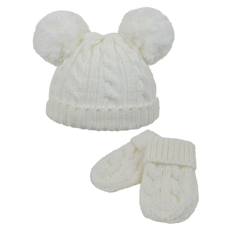 Cable Knit Pom Pom hat/mitten set- (0-6m) H495-CW - Kidswholesale.co.uk