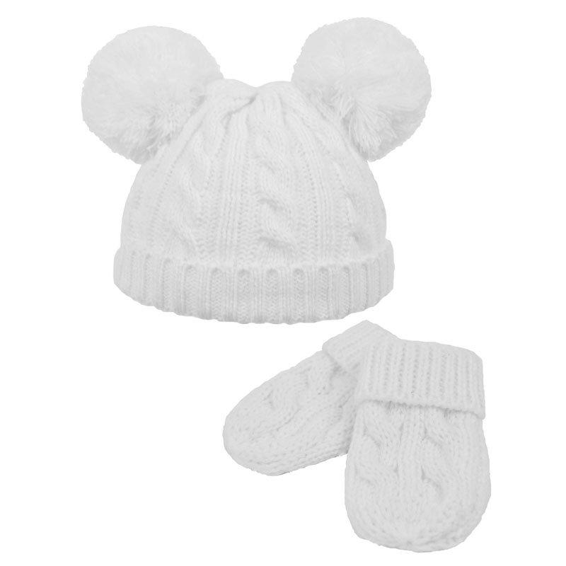 Cable Knit Pom Pom hat/mitten set- (0-6m) H495-CW - Kidswholesale.co.uk