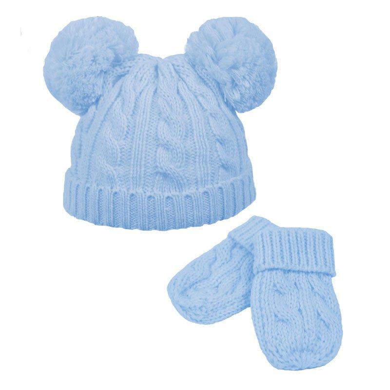 Cable Knit Pom Pom hat/mitten set- (0-6m) H495-PB - Kidswholesale.co.uk