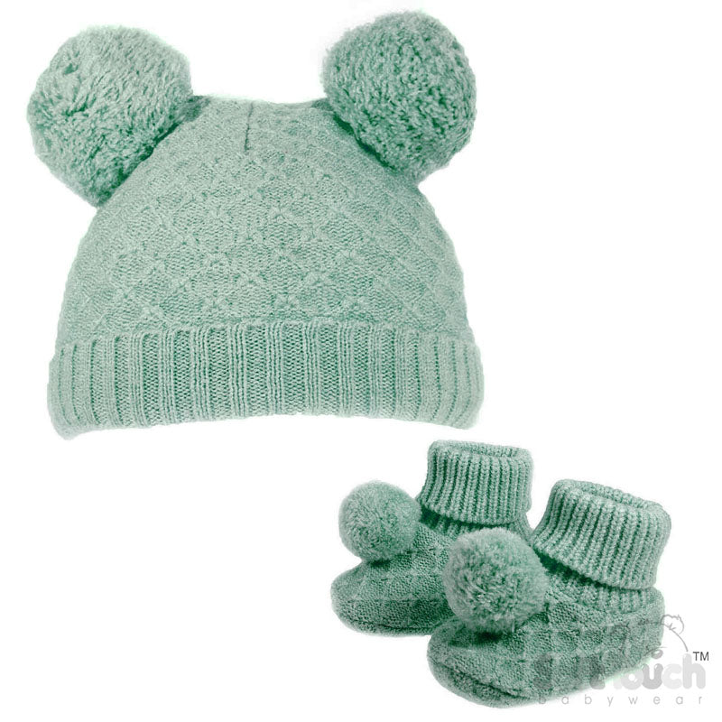 Sage Green Pom Pom Hat & Bootee Set (NB-12 Months) (PK6) H610-SG-SM