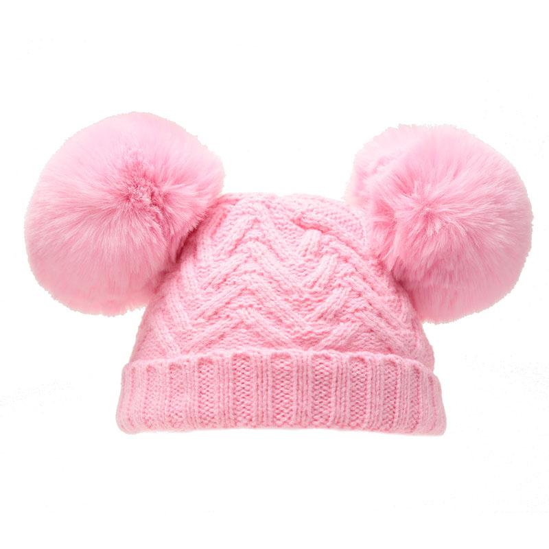 Pink 'Chevron' Knit Double Pom Pom Hat w/Cotton Lining  (0-6 Months) H630-P-SM - Kidswholesale.co.uk
