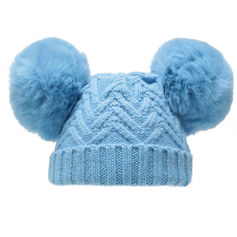 Blue 'Chevron' Knit Double Pom Pom Hat w/Cotton Lining  (6-18 Months) H632-B-MED - Kidswholesale.co.uk