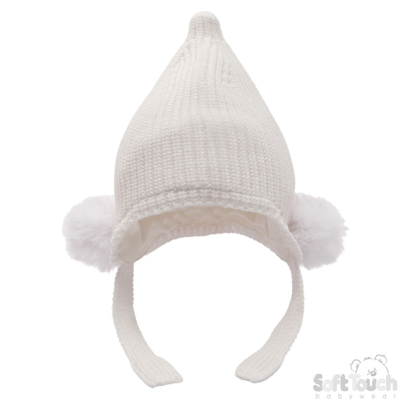 White Chenille Knit Hat w/Faux Fur Pom  Poms (NB-12 Months) H642-W-SM