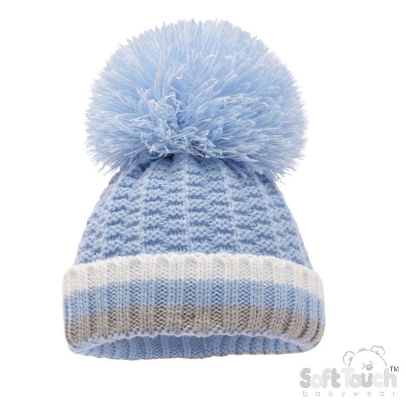 BLUE RIBBED HAT WITH LARGE POM POM (NB-12 Months)(PK12 H648-B-BP