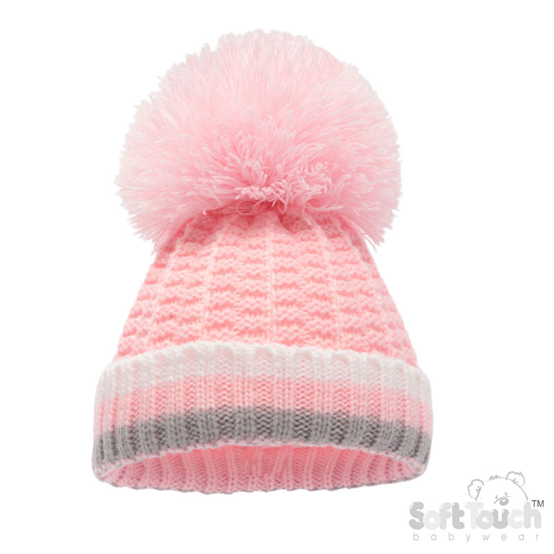 PINK RIBBED HAT WITH LARGE POM POM (NB-12 Months)(PK12) H648-P-BP