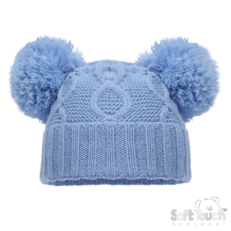 Baby Blue 'Chain' Knit Hat W/2 Pom Pom (NB-12m) (PK6) H660-BB