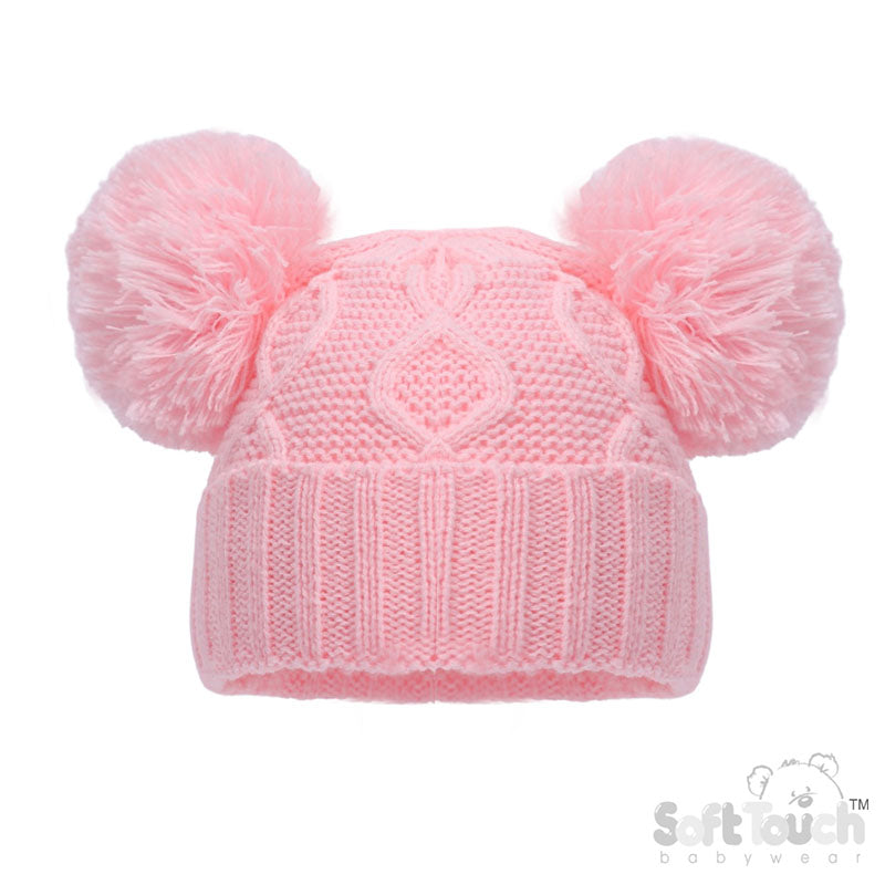 Baby Pink 'Chain' Knit Hat W/2 Pom Pom (NB-12m) (PK6) H660-BP
