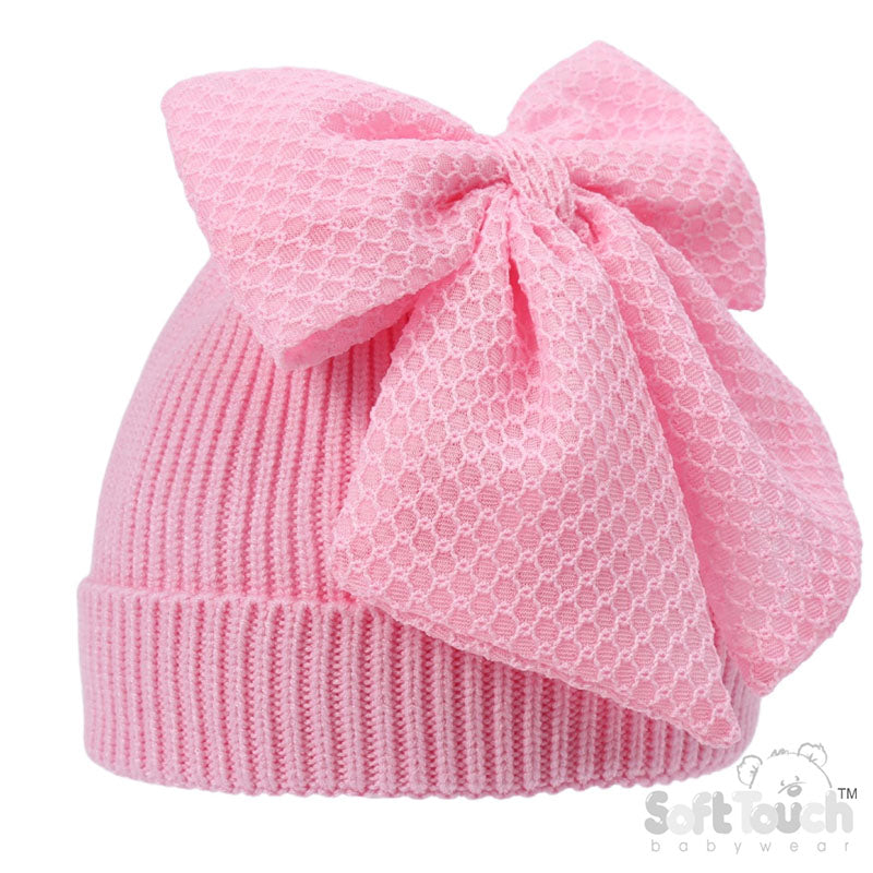 PINK CHENILLE RIBBED HAT WITH/LARGE TURNOVER & BOW (NB-12m) (PK6) H668P