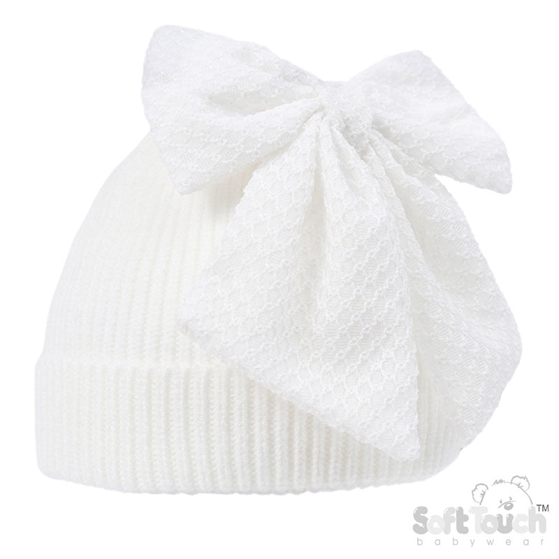 WHITE CHENILLE RIBBED HAT WITH/LARGE TURNOVER & BOW (NB-12m) (PK6) H668W