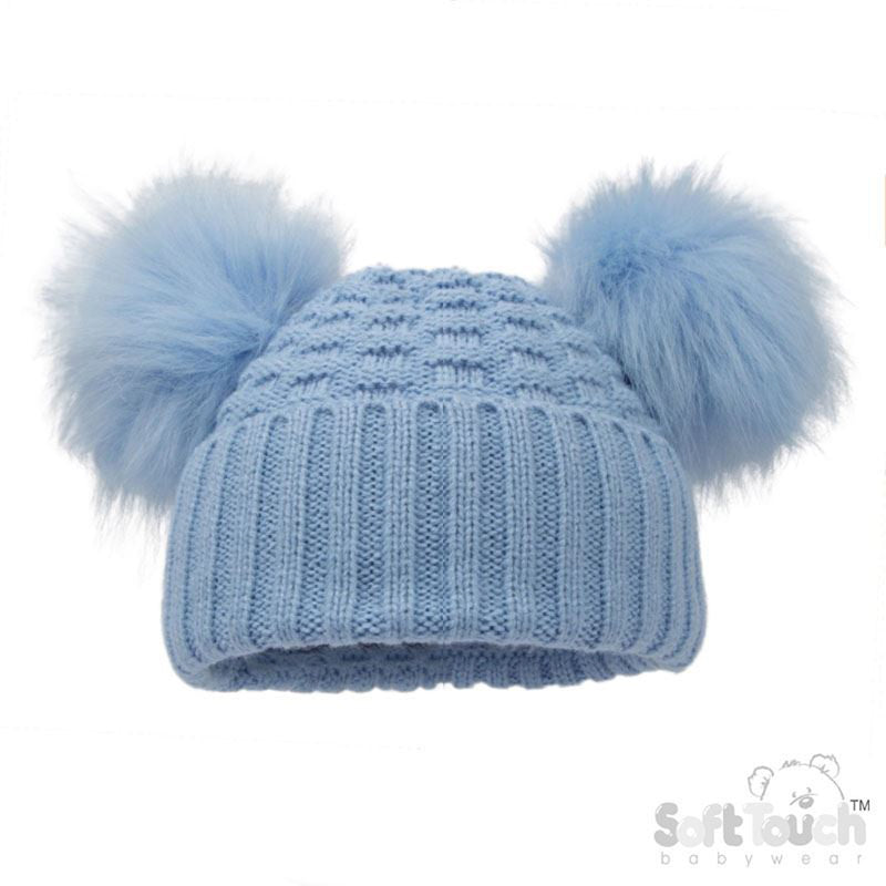 Deluxe Baby Blue Checked/Striped Hat w/Pom Poms (12-24m) (PK6) H672-BB