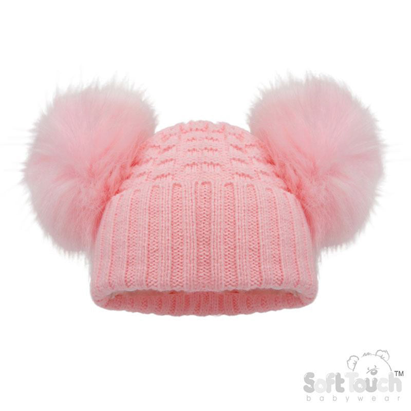 Deluxe Baby Pink Checked/Striped Hat w/Pom Poms (12-24m) (PK6) H672-BP