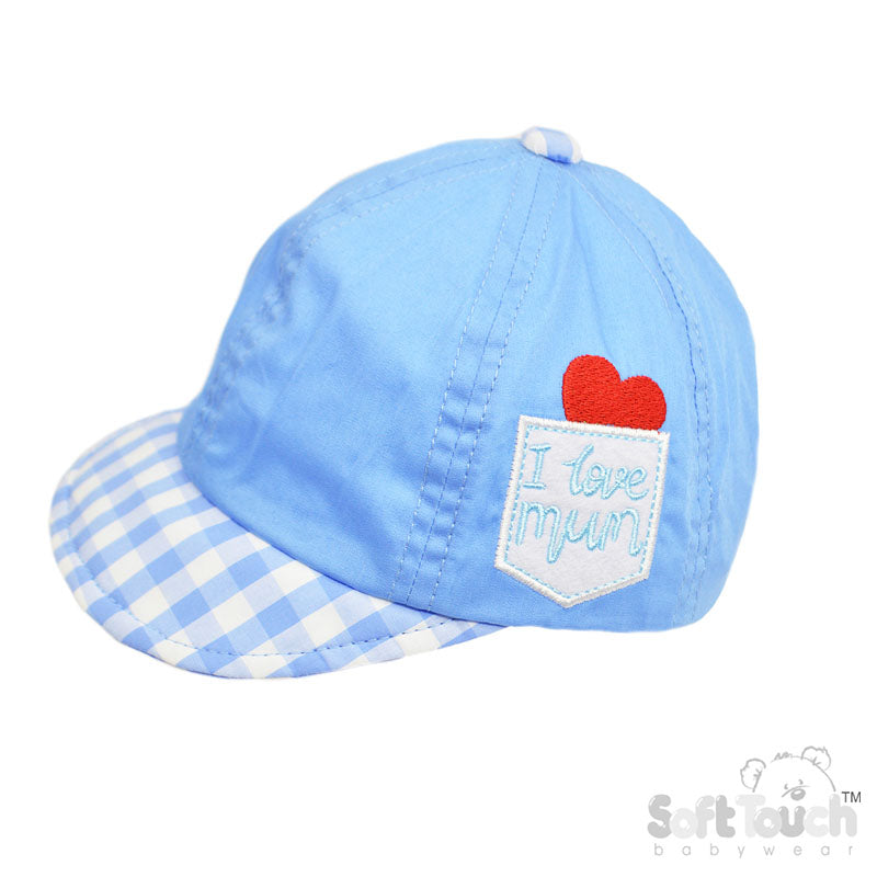 BLUE SUMMER CAP W/'I LOVE MUM ' EMB' (0-24 Months) (PK6) H74-B