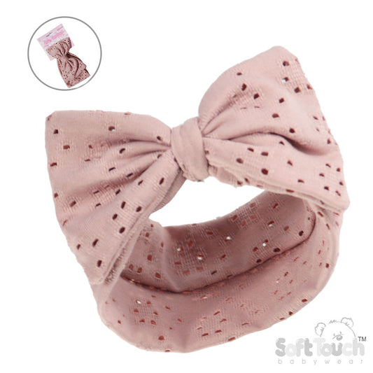 Dusty Pink Broderie Anglaise Headband - Large Bow (PK12) HB102-DP