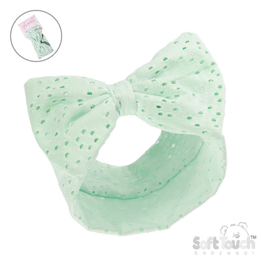 Mint Broderie Anglaise Headband - Large Bow (PK12) HB102-M