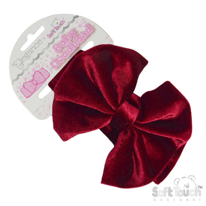 BURGUNDY VELOUR HEADBAND W/BOW : (PK12) HB114-BU