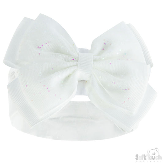 Girls White Headband W/Glitter Bow -HB92-W