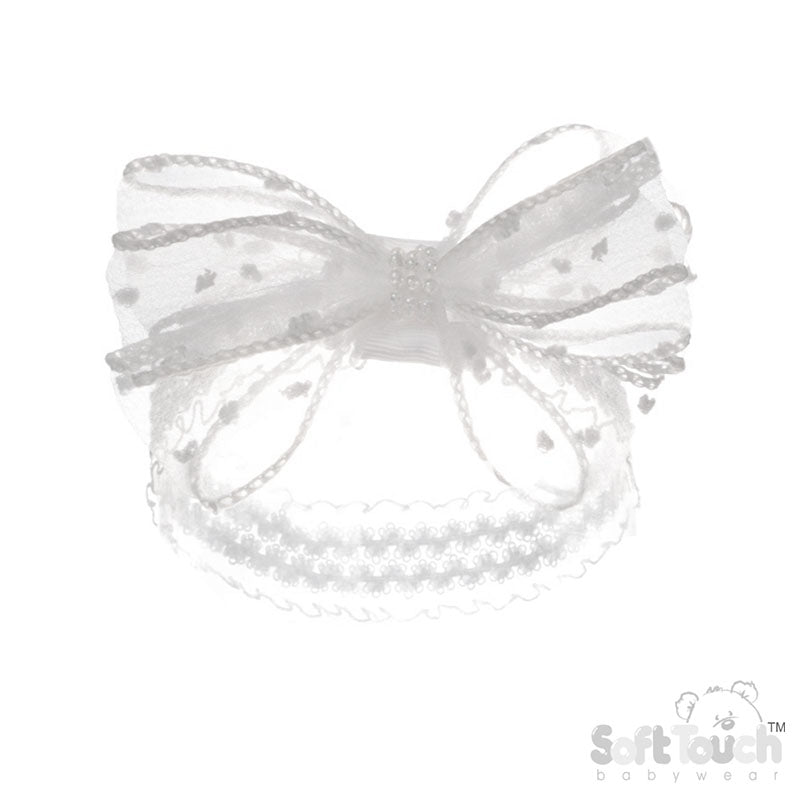 WHITE LACE HEADBAND W/ORGANZA/PEARL BOW () HB98-W