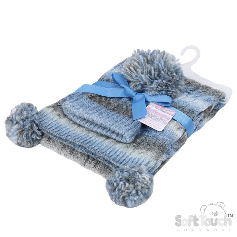 BLUE/GREY CABLE HAT AND WRAP SET (NB-12m) (PK1 HW05B