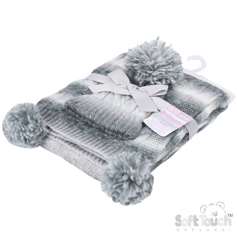 GREY/WHITE CABLE HAT AND WRAP SET (NB-12m) (PK1) HW05G