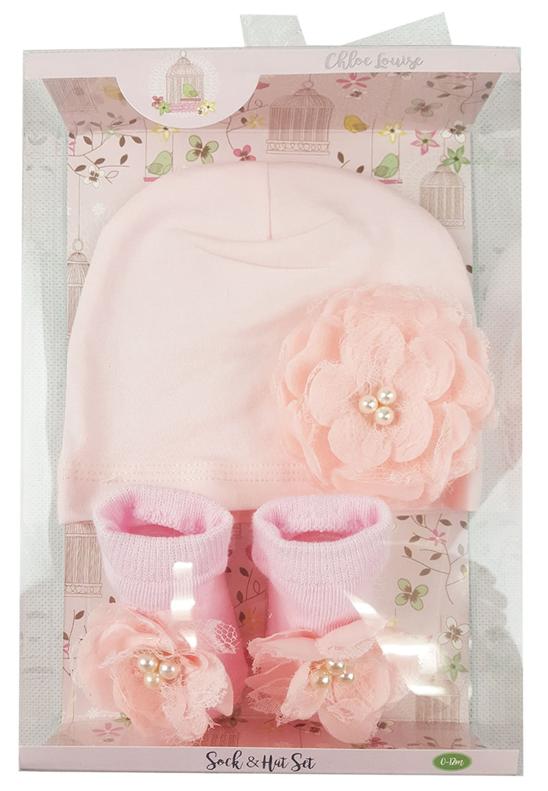 Girls Pink Sock & Hat Set - Flower - 0-12 Months (K11231) - Kidswholesale.co.uk