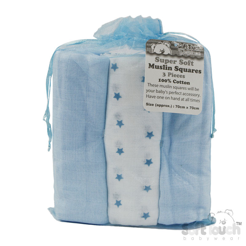 3 Pack Blue Deluxe Super Soft Muslin Squares (PK6) MS13-B