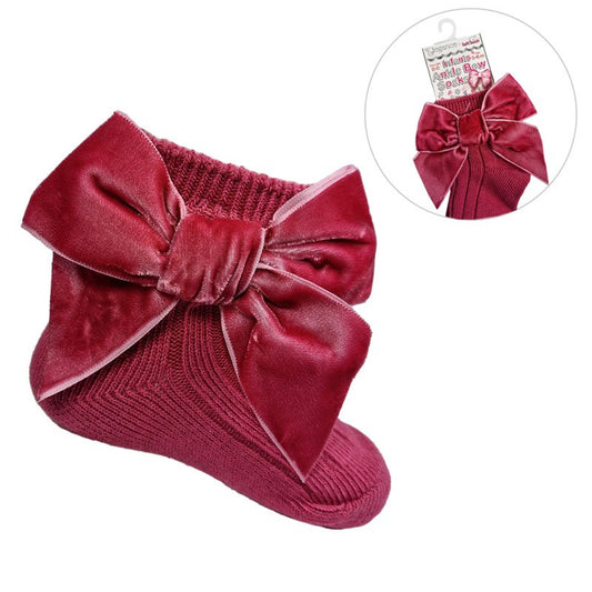 DUSTY PINK RIBBED ANKLE SOCKS W/LARGE VELVET BOW (0-24 Months) (PK12) S126-DP