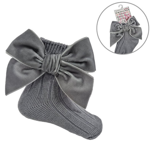 GREY RIBBED ANKLE SOCKS W/LARGE VELVET BOW (0-24 Months) (PK12) S126-G