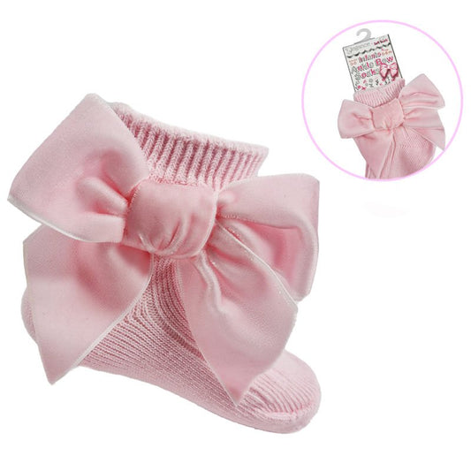 PINK RIBBED ANKLE SOCKS W/LARGE VELVET BOW (0-24 Months) (PK12) S126-P