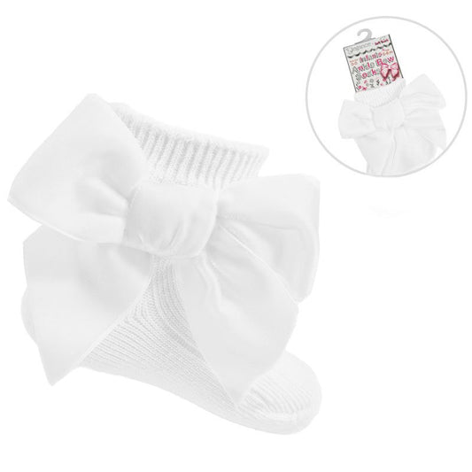 WHITE RIBBED ANKLE SOCKS W/LARGE VELVET BOW (0-24 Months) (PK12) S126-W