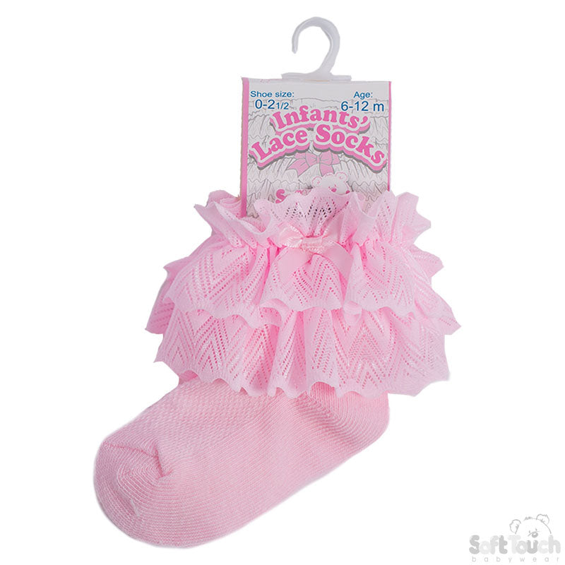 PINK ANKLE SOCKS WITH ZIG ZAG LACE & BOW (0-24 Months) S330-P