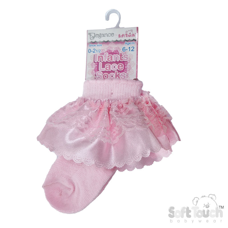 PINK ANKLE SOCKS W/ORGANZA LACE (0-12 Months) S340-P