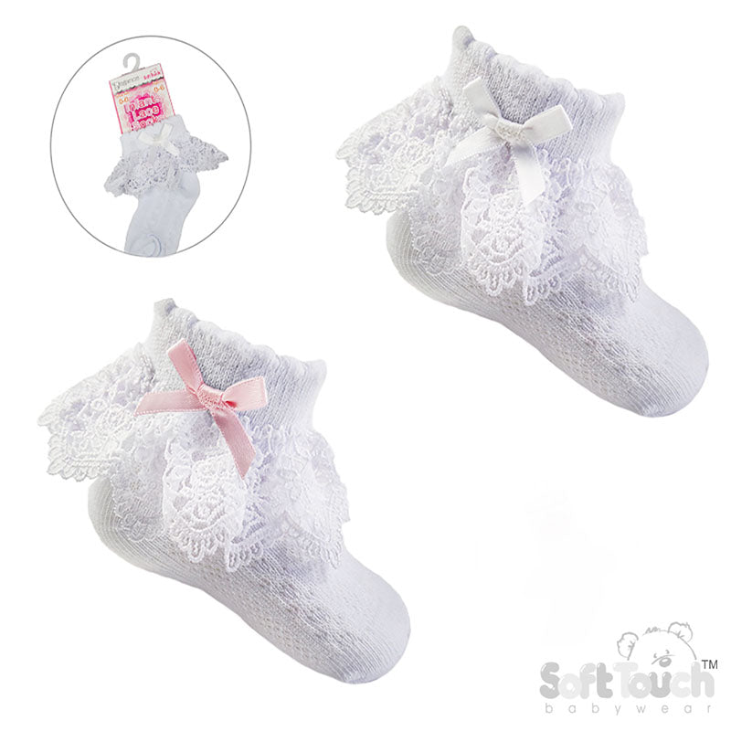 WHITE ANKLE SOCKS W/ROSE LACE & WHITE OR PINK BOW (0-12 Months) S342