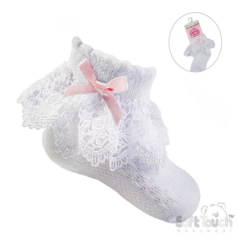 WHITE ANKLE SOCKS W/ROSE LACE & WHITE OR PINK BOW (0-12 Months) S342