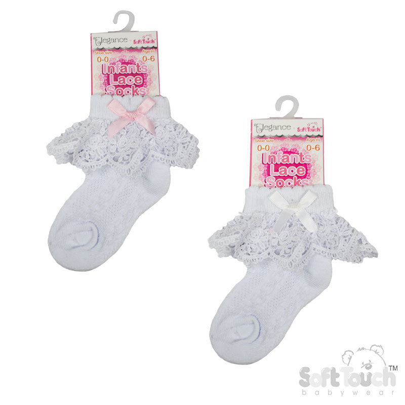 WHITE ANKLE SOCKS W/ROSE LACE & WHITE OR PINK BOW (0-12 Months) S342