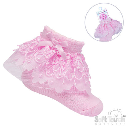PINK ANKLE SOCKS W/BELL LACE & BOW (0-24 Months) S344P
