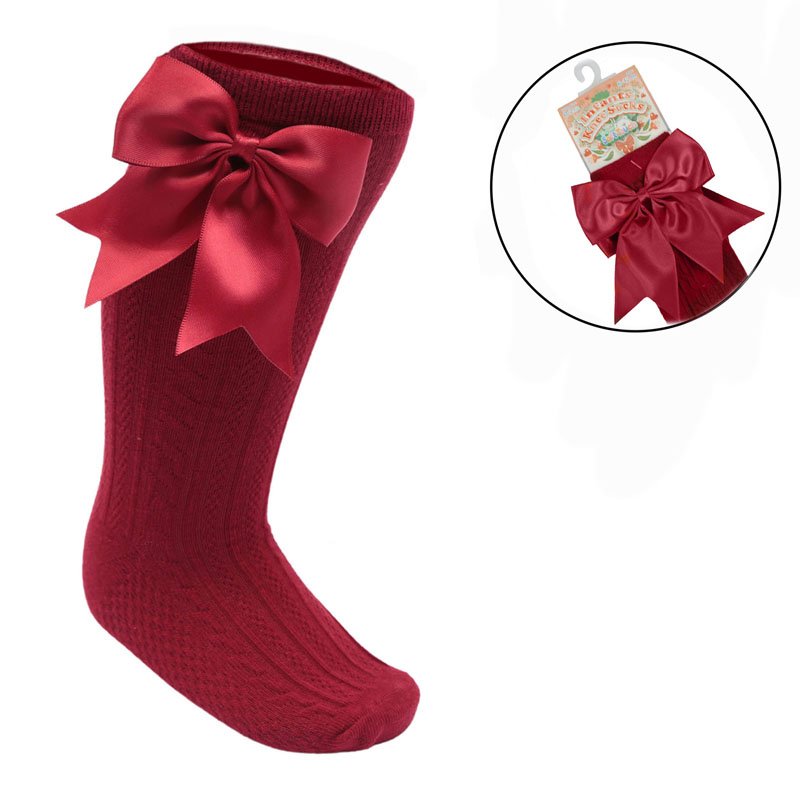 Burgundy Infants Knee Length Socks - Large Bow (0-24m) S350-BU