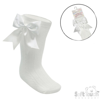 CREAM 'ELEGANCE' KNEE LENGTH SOCKS W/SATIN BOW : (0-24m) S350-C