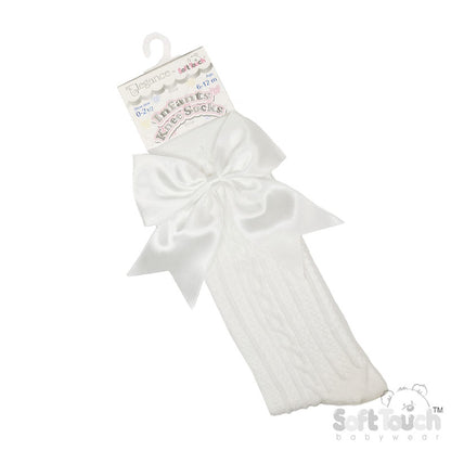 CREAM 'ELEGANCE' KNEE LENGTH SOCKS W/SATIN BOW : (0-24m) S350-C