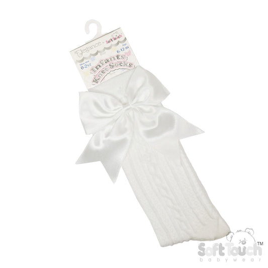 CREAM 'ELEGANCE' KNEE LENGTH SOCKS W/SATIN BOW : (0-24m) S350-C