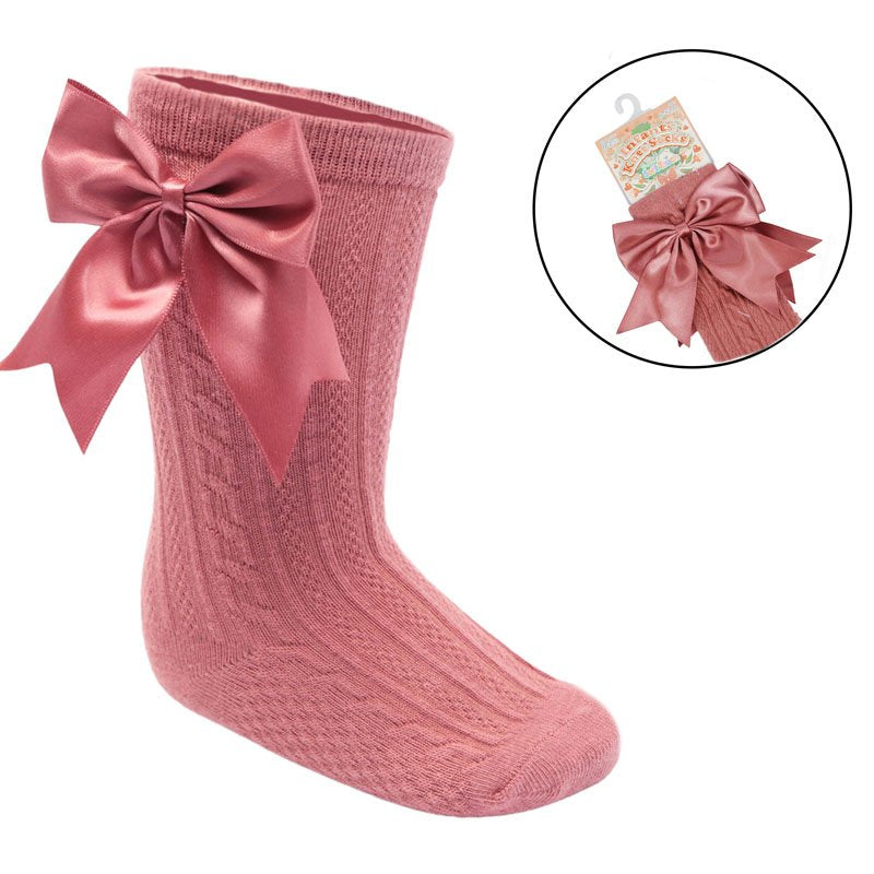 Dusty Pink Infants Knee Length Socks - Large Bow (0-24m) S350-DP