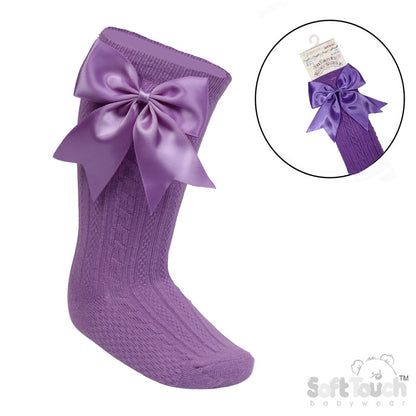 PLUM 'ELEGANCE' KNEE LENGTH SOCKS W/SATIN BOW : (0-24 Months) S350-PL