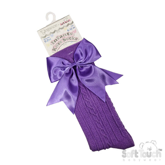 PLUM 'ELEGANCE' KNEE LENGTH SOCKS W/SATIN BOW : (0-24 Months) S350-PL