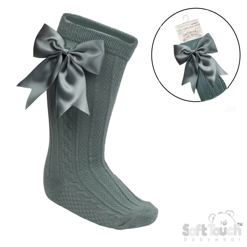 SAGE GREEN 'ELEGANCE' KNEE LENGTH SOCKS W/SATIN BOW : (0-24 Months) S350-SG