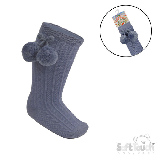 DUSTY BLUE 'ELEGANCE' POM POM KNEE LENGTH SOCKS (0-24 MONTHS) S355-DB